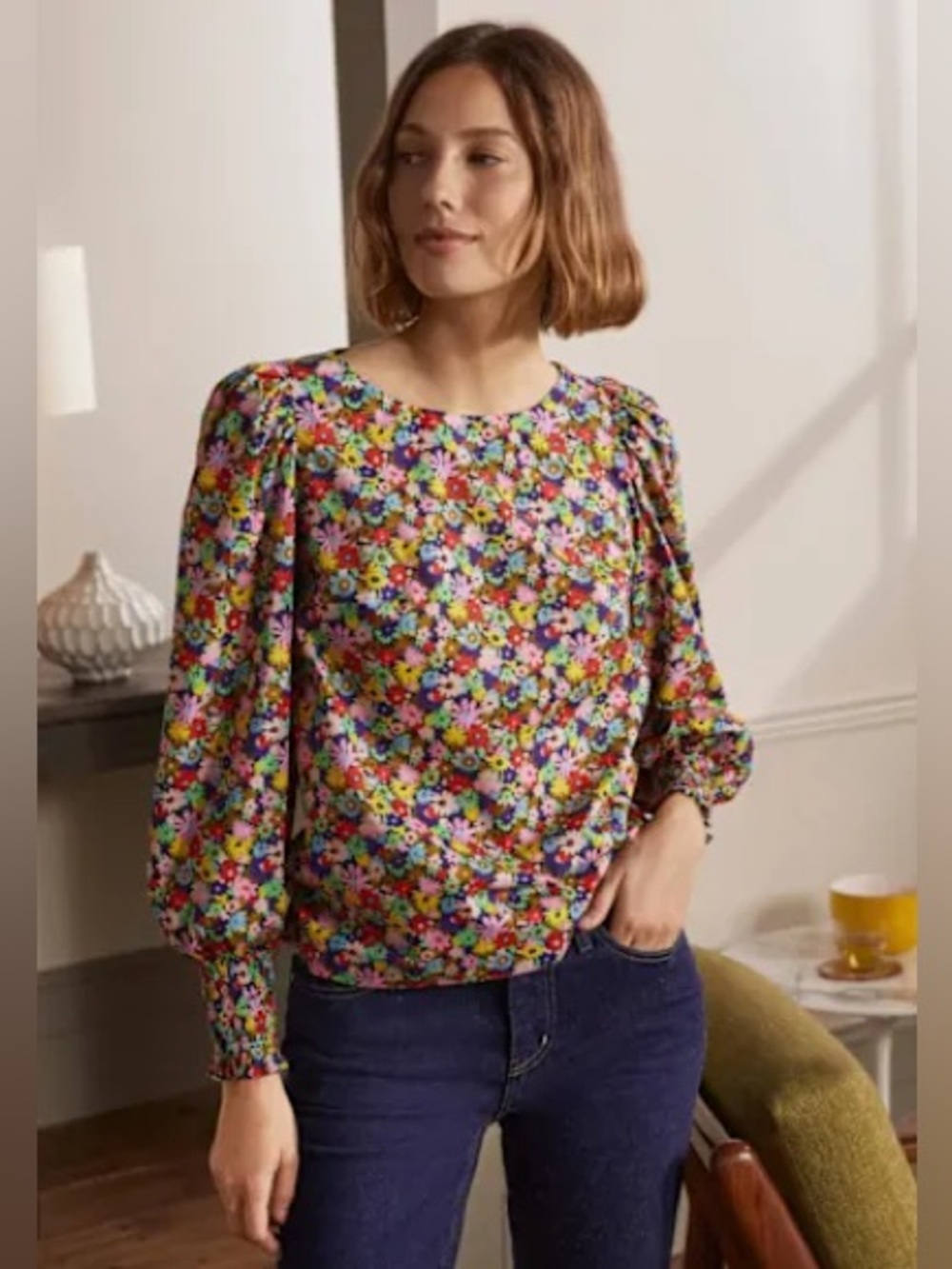 Boden Ditsy Floral Print Smocked Puff Sleeve Blouse Women’s 20/22
